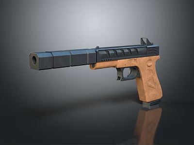 Tactical Pistol Weapon With Black Barrel And Wooden Grip Design 3d model