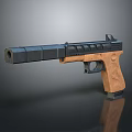 Tactical Pistol Weapon With Black Barrel And Wooden Grip Design