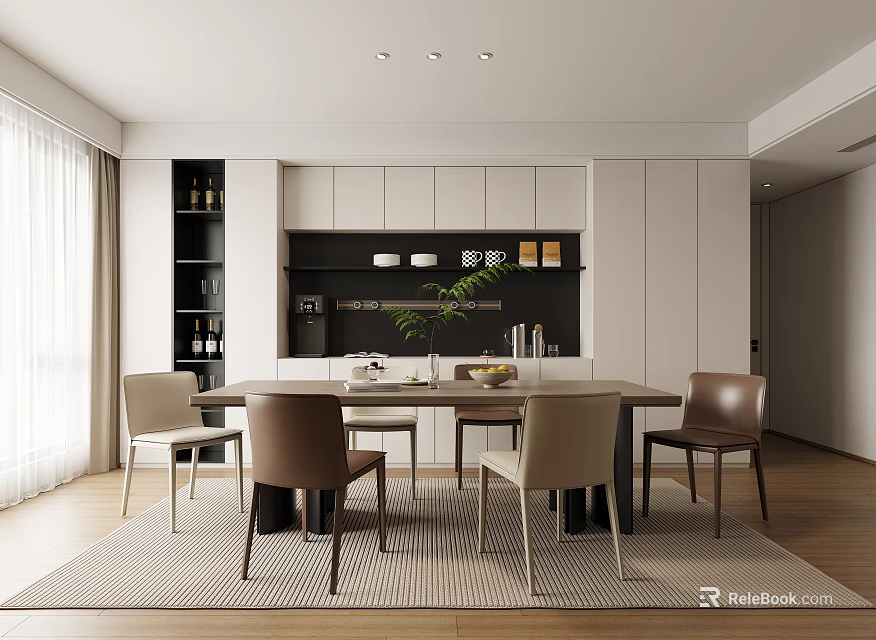Modern Dining Room Interior With Rectangular Table And Stylish Chairs Design 3d model