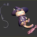 Purple And Pink Cartoon Cat Wearing Headphones Relaxed On Black Background With Purple Line Decorations