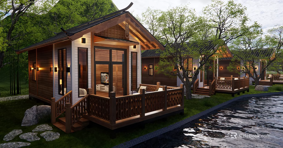Chinese Style Detached Villa With Wooden Balcony Green Trees Waterfront And Warm Lighting 3d model 