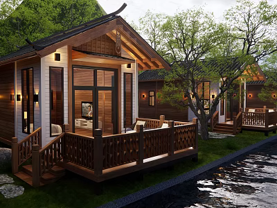 Chinese Style Detached Villa With Wooden Balcony Green Trees Waterfront And Warm Lighting 3d model