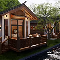 Chinese Style Detached Villa With Wooden Balcony Green Trees Waterfront And Warm Lighting
