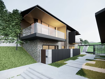 Modern Detached Villa With Stone Wall Glass Railing Balcony And Lawn Stone Path 3d model