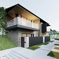 Modern Detached Villa With Stone Wall Glass Railing Balcony And Lawn Stone Path