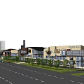 Modern Commercial Street With Waterfront Views Modern Buildings And Green Landscaped Areas
