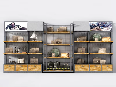 Industrial Style Display Shelving Unit With Metal Frame Wooden Shelves And Decorative Items 3d model