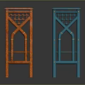 Colorful Metal Stools With Orange And Blue Geometric Cutout Design Standing On Dark Reflective Surface