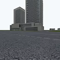 Modern Office Building Exterior With Blue Roof Large Glass Windows Green Lawn And Spacious Entrance