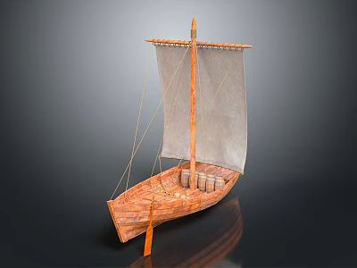 Traditional Wooden Sailboat With White Sail And Wooden Mast For Water Transport 3d model