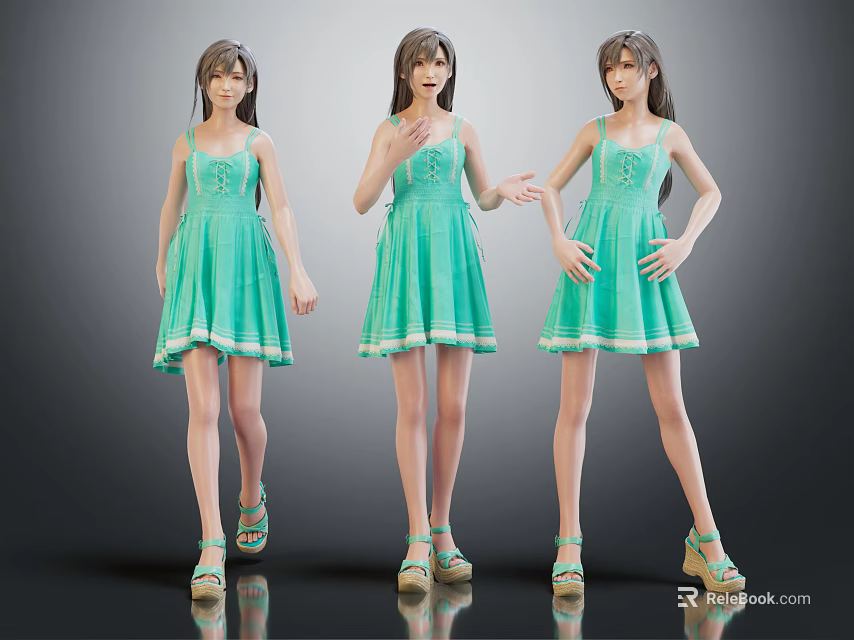 Three Girls in Green Dresses With Different Poses And Casual Summer Sandals 3d model 