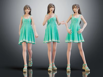 Three Girls in Green Dresses With Different Poses And Casual Summer Sandals 3d model