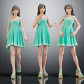 Three Girls in Green Dresses With Different Poses And Casual Summer Sandals