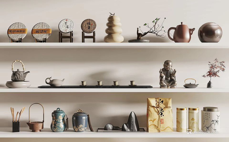 Traditional Tea Sets Collection With Ceramic Teapots Cups And Decorative Display Shelf 3d model