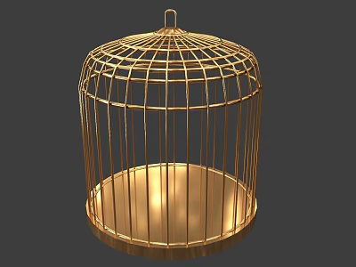 Golden Metal Birdcage With Wire Design Handle And Round Base For Home Decor 3d model