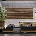 Modern Landscape Feature Wall Design With Wooden Slats Water Rocks Green Plants And Lighting