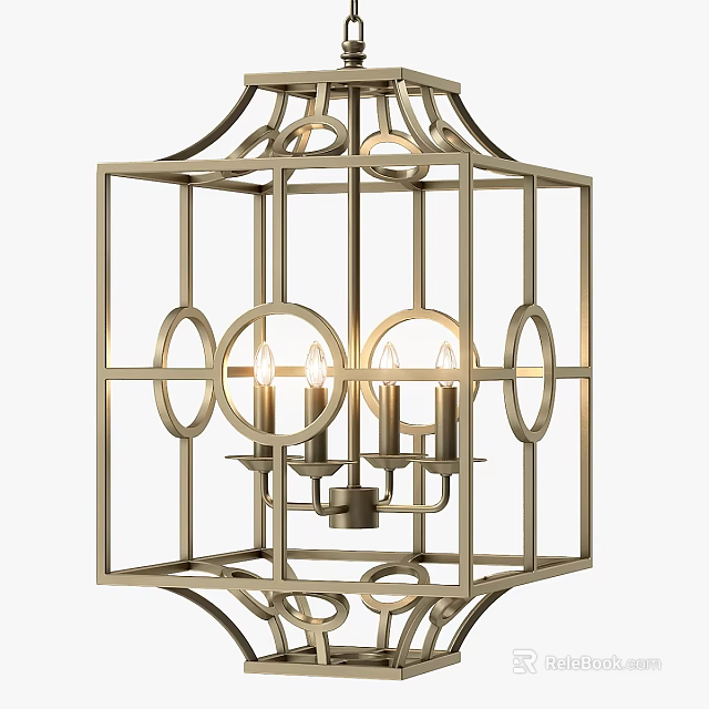 Brass Geometric Chandelier with Square Frame Circular Accents and Candle Style Light Fixtures for Elegant Interior Design 3d model 