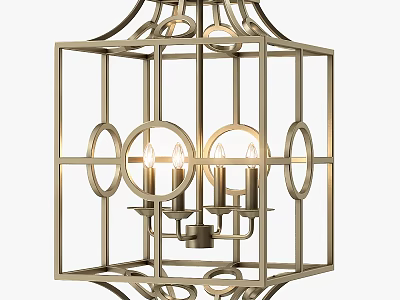 Brass Geometric Chandelier with Square Frame Circular Accents and Candle Style Light Fixtures for Elegant Interior Design 3d model