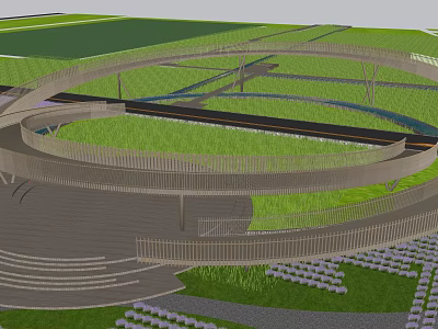 Scenic Rural Landscape With Green Grass Circular Pathway Flower Fields And Wooden Steps 3d model