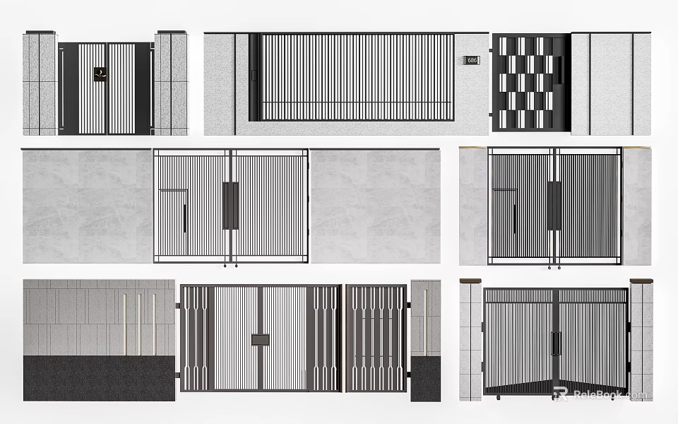 Modern Entrance Gate Exterior With Double Door Designs Striped Panels And Checkerboard Patterns 3d model 