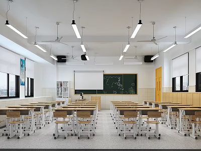 School Classroom Interior With Rows Of Desks Blackboard Whiteboard And Ceiling Lights 3d model