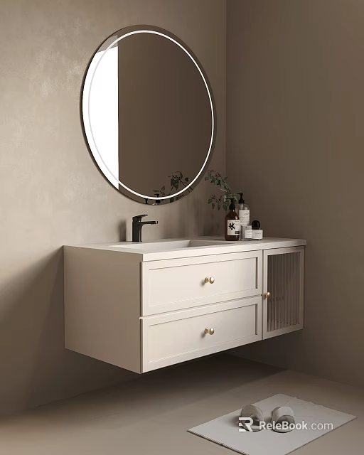 White Bathroom Vanity With Round Mirror Black Faucet Drawers And Green Plant 3d model 