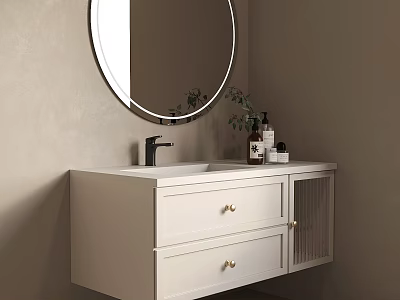 White Bathroom Vanity With Round Mirror Black Faucet Drawers And Green Plant 3d model