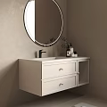 White Bathroom Vanity With Round Mirror Black Faucet Drawers And Green Plant