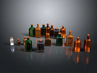 Various Sizes Colorful Glass Bottles with Cork Stoppers for Food Storage on Dark Reflective Background 3d model