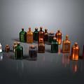 Various Sizes Colorful Glass Bottles with Cork Stoppers for Food Storage on Dark Reflective Background