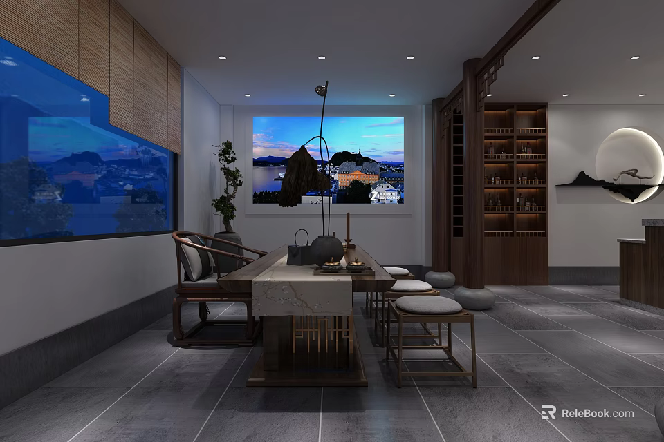 Traditional Chinese Shop Front Desk With Wooden Design Marble Countertop And Decorative Shelves 3d model 