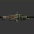 Showcase Retro Futuristic Motorcycle with Brown Seat Green Rims Black Body and Side Mounted Rifle