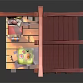 Cartoon Cozy Small House Interior Scene With Wooden Furniture Fireplace And Window Curtains