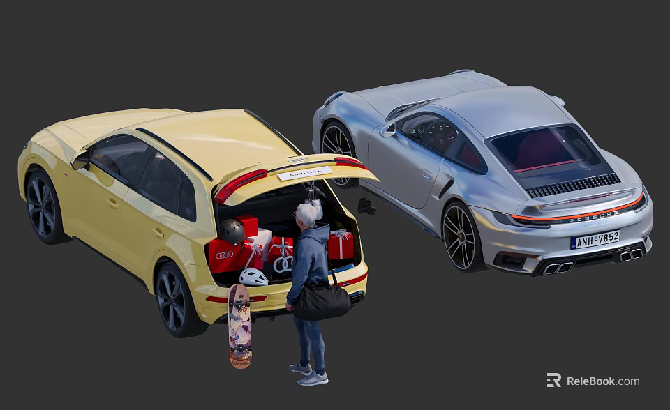 Yellow Car With Open Trunk Silver Sports Car Family Loading Skateboard And Bags 3d model 