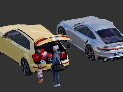 Yellow Car With Open Trunk Silver Sports Car Family Loading Skateboard And Bags 3d model