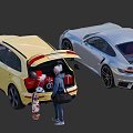 Yellow Car With Open Trunk Silver Sports Car Family Loading Skateboard And Bags