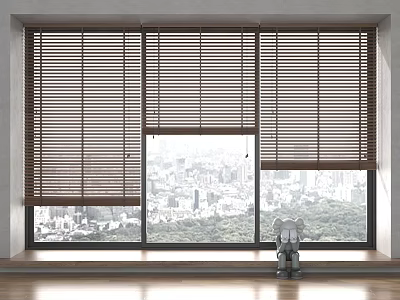 Wooden Blinds Covering Window With City View And Green Landscape In Modern Interior 3d model