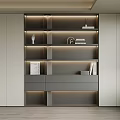 Modern Interior Bookshelf Design With Layered Shelves Lighting Decorative Items And Books