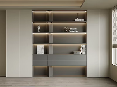 Modern Interior Bookshelf Design With Layered Shelves Lighting Decorative Items And Books 3d model