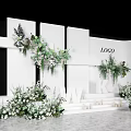 Runway Show Stage With White Structural Backdrop Green Floral Decorations And Steps 3d model