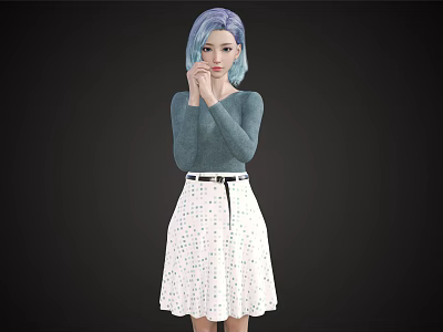 Woman With Blue Purple Hair Wearing Green Long Sleeve Top And White Polka Dot Skirt 3d model