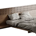 Modern Double Bed With Wooden Lattice Headboard Grey Bedspread And White Pillows