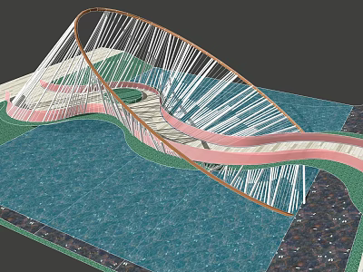 Curved Modern Landscape Bridge With Pink Structure And White Cables Over Water 3d model