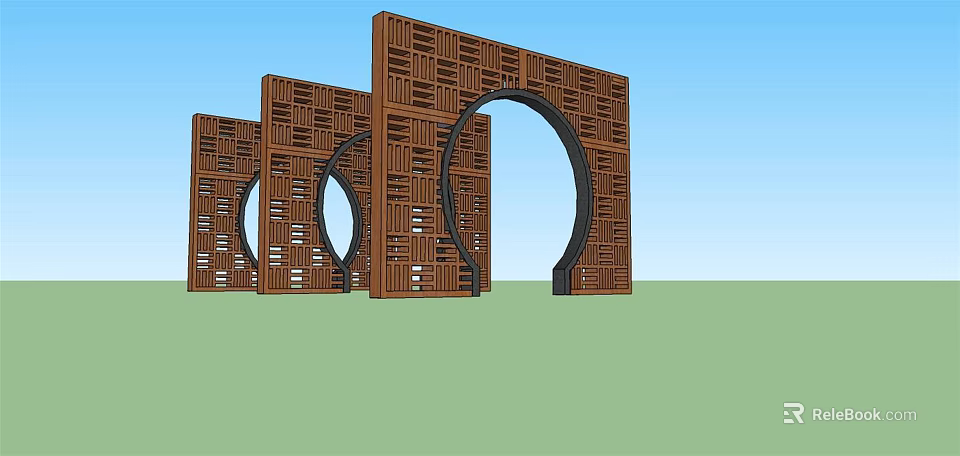 Three Modern Wooden Entrance Gates With Circular Archways And Intricate Cutout Patterns 3d model 