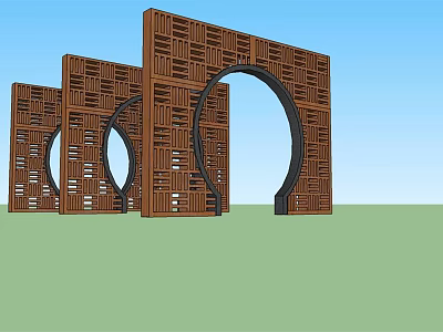 Three Modern Wooden Entrance Gates With Circular Archways And Intricate Cutout Patterns 3d model