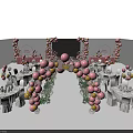 Pink Balloon Arch Party Setup With White Tables Chairs And Flower Decorations