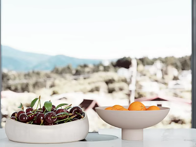 Bright Interior Countertop With White Bowls Of Cherries And Oranges Over Mountain View 3d model