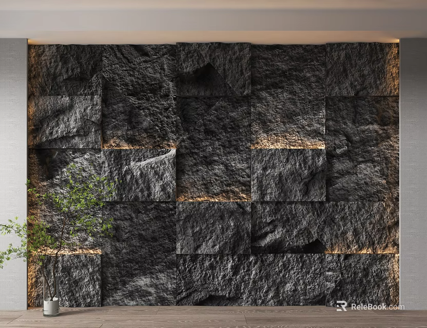 Illuminated Black Stone Feature Wall with Irregular Stones and Green Plant in Interior 3d model 