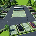 Parking Lot With Central Bus Parking Space Surrounded By Cars Trees And Street Lamps