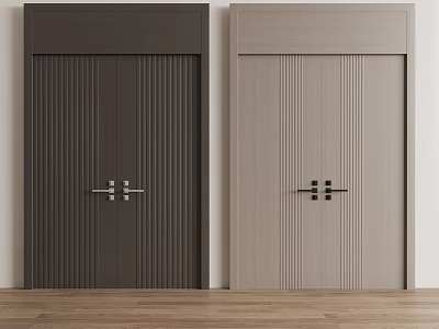 Dark Brown And Light Gray Wooden Double Doors With Vertical Stripes And Metal Handles In Interior Room 3d model